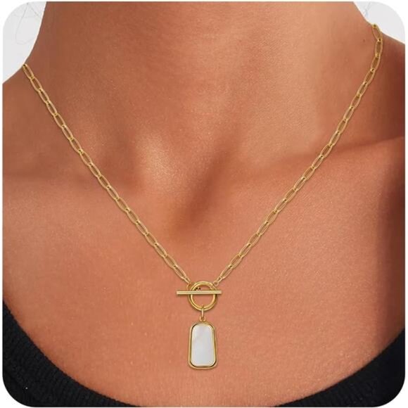 18K Gold-Plated White Seashell Pendant Necklace | OT Buckle Long Plate Design - Picture 2 of 4